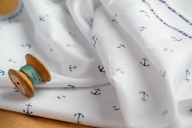 Coastal Elegance Organic Hemp Fabric - Minimalistic Navy Blue Anchor Print | 58 Inches Wide, Sold by the Yard