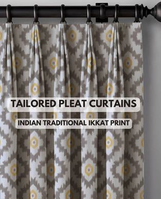 Handcrafted Triple Fold Tailored Pleat Organic Cotton Curtains - Indian Traditional Ikkat Block Print Diamond Pattern. Light Filtering or Blackout Liner. Available as Single Curtain or Set of 2. Customizable Sizes