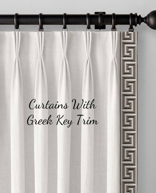 Premium White Organic Linen Triple Pinch Pleated Curtain with Greek Key Trim Border - 19 Color Options - Cotton Lined - Available as Single Curtain or Set of 2 Curtains