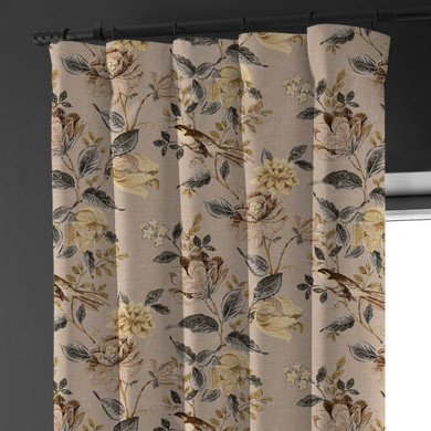 Taupe Brown & Beige Artistic Floral Linen Curtains | Phoenix Bird Print | Light Filtering/Blackout | Single/Set of 2