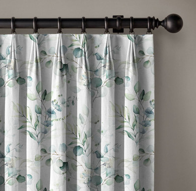 Hand Painted Eucalyptus Linen Curtains - Light Filtering/Blackout, Pinch Pleat, Single Panel/Set (White & Green)