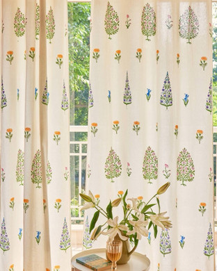 Hand Block Printed Organic Cotton Curtains - Multicolor Floral & Tree Design (Off-White Base)