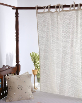 Organic Cotton White Moroccan Geometric Block Print Curtains - Custom Sizes & Liners