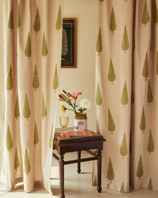 Hand-Block Printed Off-White Organic Cotton Curtains: Cypress Tree Design, Standard & Custom Sizes, Multiple Heading Styles (Rod Pockets, Loops, Tabs, Grommets) - Single Panel or Sets, Liner Options (Light Filtering, Blackout)