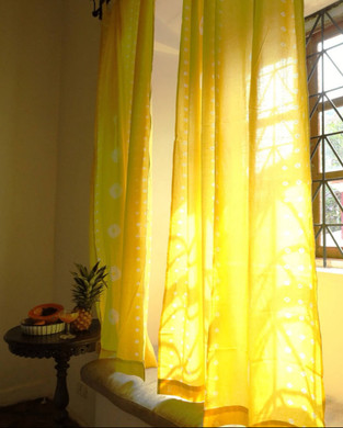 Luxury Organic Cotton Yellow Curtains with White Bandhej Tie Dye [India] - Customizable Size & Style