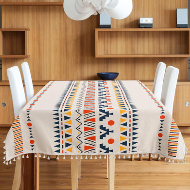 Tribal Geometric Pattern Cotton Tablecloth with Tassels | Orange & Blue Aztec Print | 54x72 & 54x92 | For 4-8 Seater Dining Table | Machine Washable