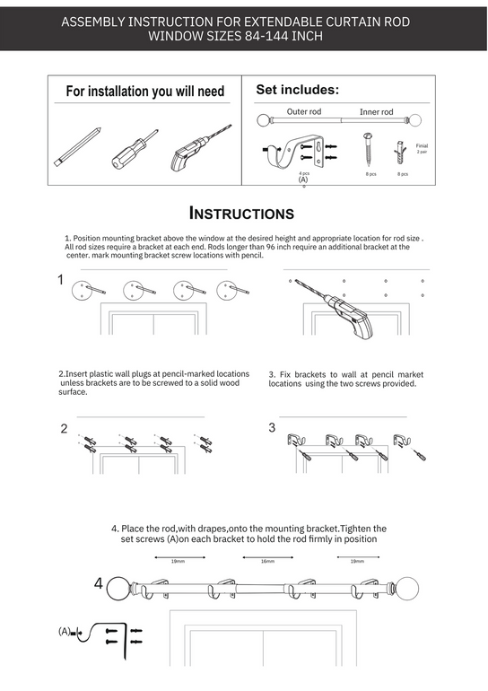 Adjustable Curtain Rod | Silver | Modern Finials | 24-144 Inch | Includes Hardware
