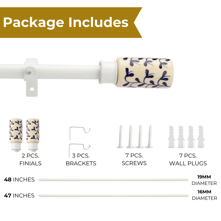 Adjustable Curtain Rod | White | Hand Painted Finials | 24-144 Inch | Includes Hardware