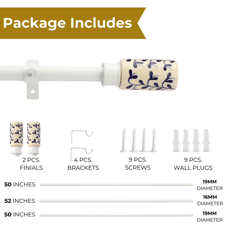 Adjustable Curtain Rod | White | Hand Painted Finials | 24-144 Inch | Includes Hardware