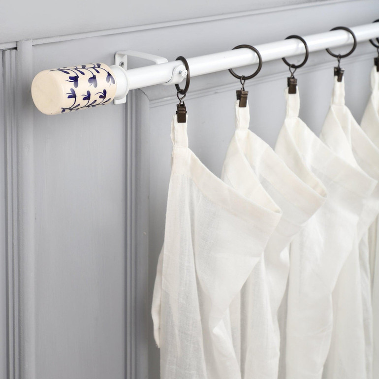 Adjustable Curtain Rod | White | Hand Painted Finials | 24-144 Inch | Includes Hardware