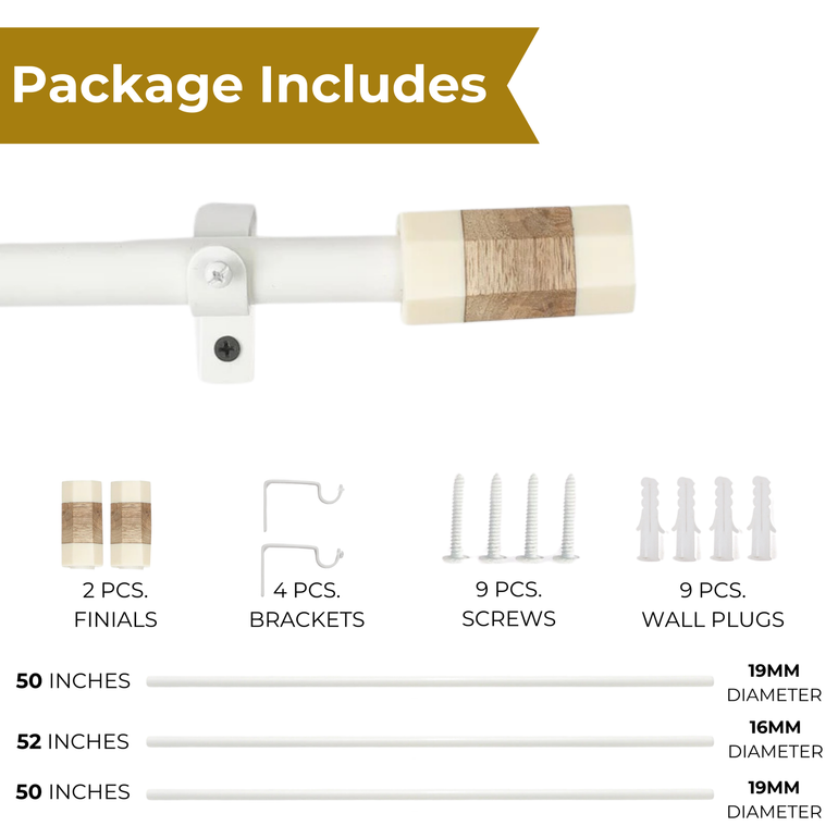 Adjustable Curtain Rod | White | 19mm | Marble & Wood Finials | 24-144 Inch | Includes Hardware