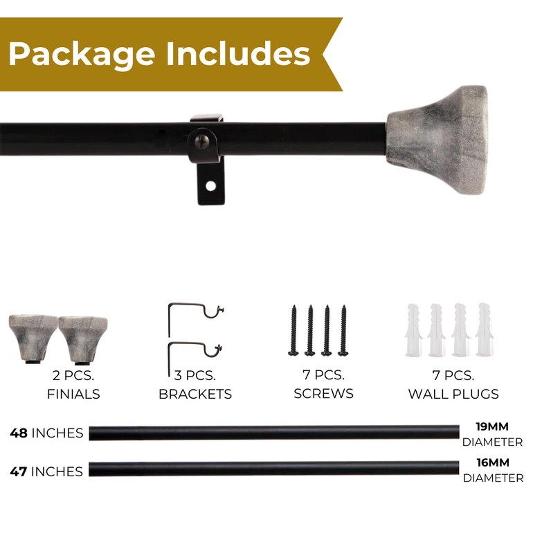 Adjustable Curtain Rod | Black | Marble Finials | 24-144 Inch | Includes Hardware