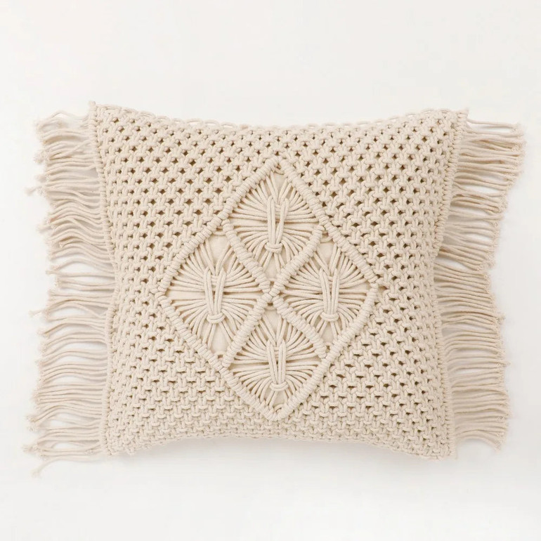 Boho Throw Pillow Cover with Macrame Design | 16x16 Inch | Cream | Fringed Edges | Handmade in USA
