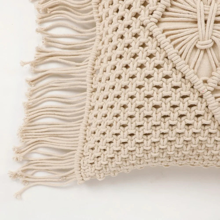 Boho Throw Pillow Cover with Macrame Design | 16x16 Inch | Cream | Fringed Edges | Handmade in USA