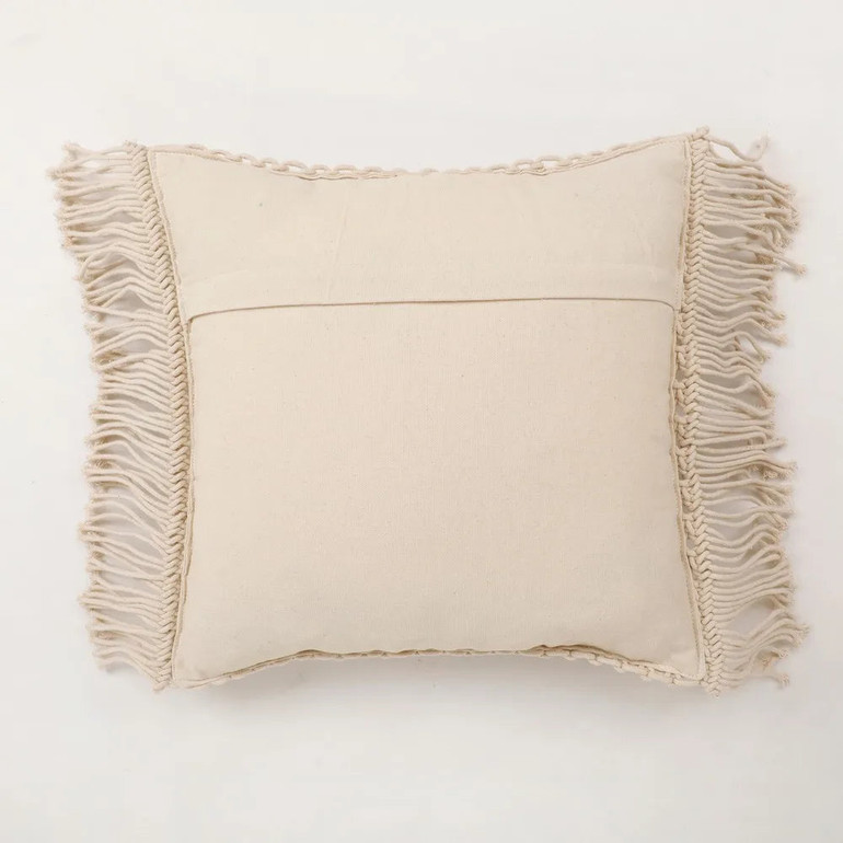 Boho Throw Pillow Cover with Macrame Design | 16x16 Inch | Cream | Fringed Edges | Handmade in USA