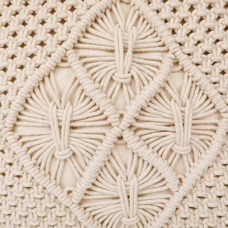 Boho Throw Pillow Cover with Macrame Design | 16x16 Inch | Cream | Fringed Edges | Handmade in USA