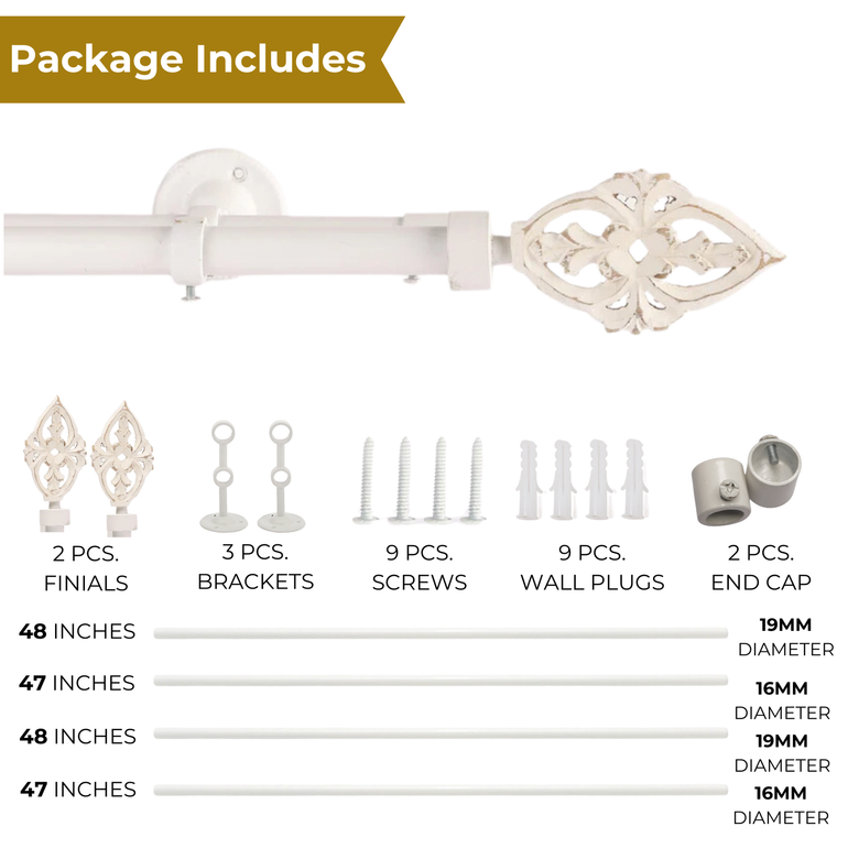 Extendable White Double Curtain Rod with Ornate Floral Finials - 28-144" - Scratch Resistant