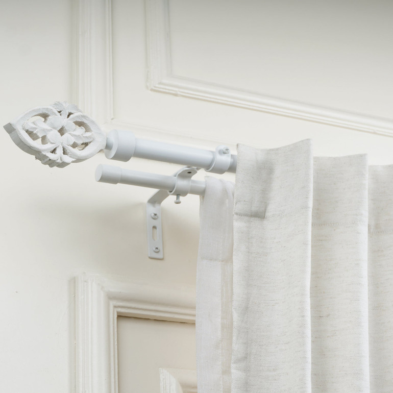 Extendable White Double Curtain Rod with Ornate Floral Finials - 28-144" - Scratch Resistant