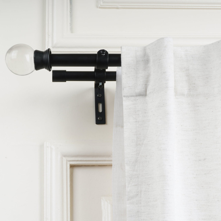 Black Double Curtain Rod with Glass Ball Finials - Adjustable 28-144" - Easy Install