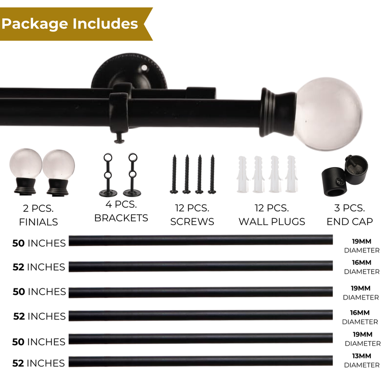 Black Double Curtain Rod with Glass Ball Finials - Adjustable 28-144" - Easy Install