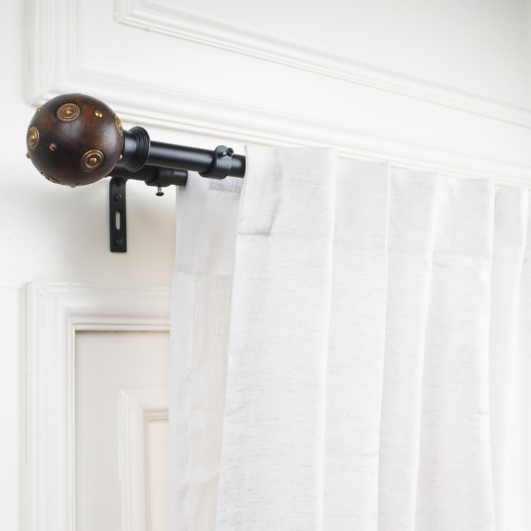 Rustic Black Extendable Double Curtain Rod with Studded Wooden Finials - Adjustable 28-144"