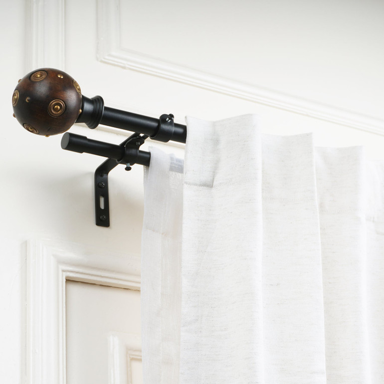Rustic Black Extendable Double Curtain Rod with Studded Wooden Finials - Adjustable 28-144"