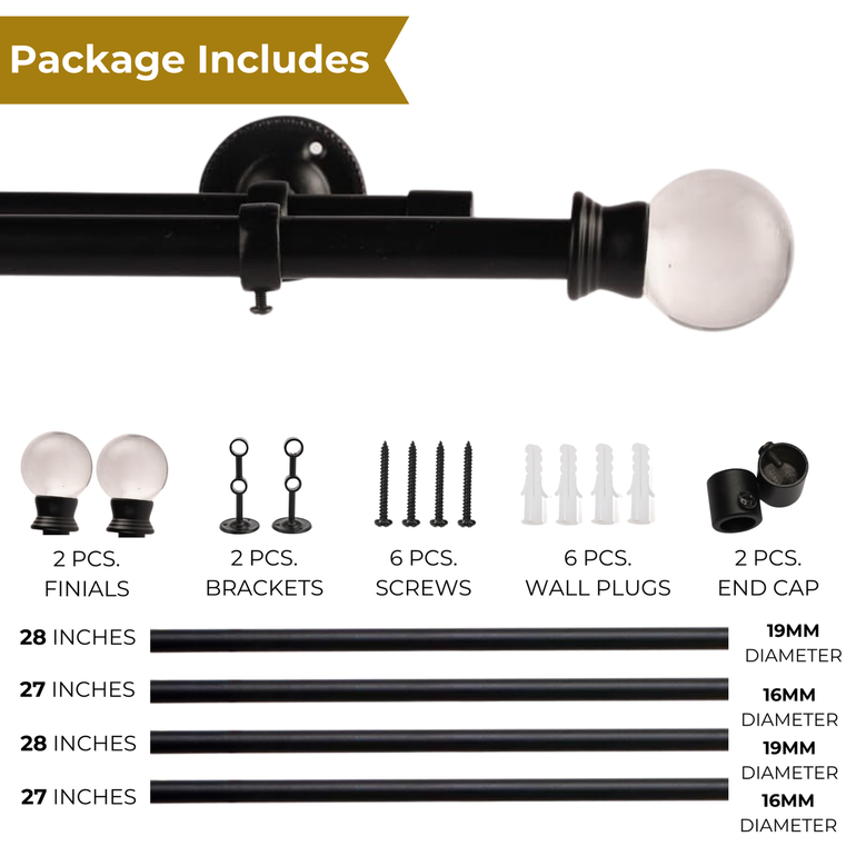 Adjustable Double Curtain Rod (28-144") - White, Floral Ceramic Ball Finials - Heavy Duty, Easy Install