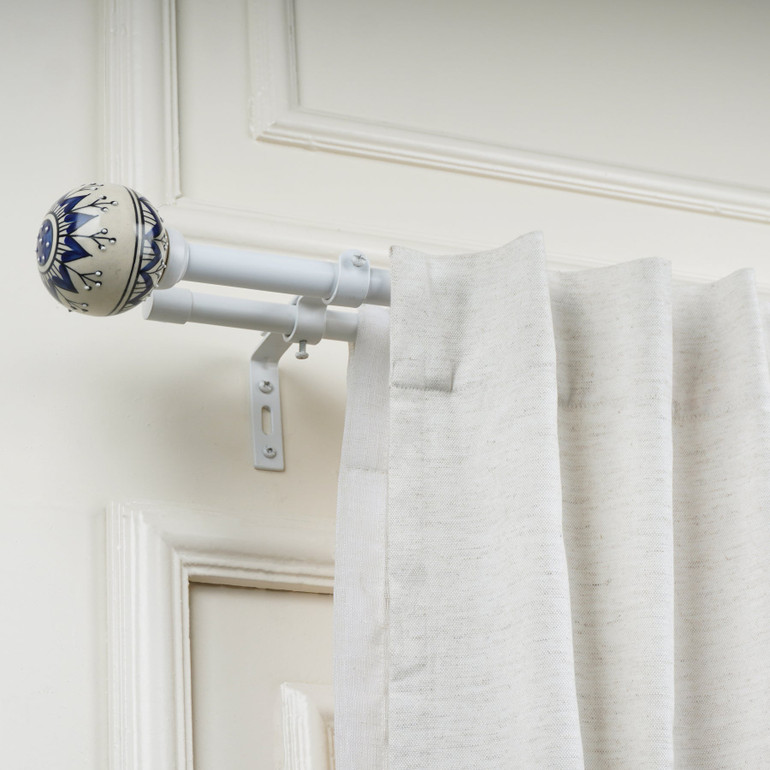Adjustable Double Curtain Rod (28-144") - White, Floral Ceramic Ball Finials - Heavy Duty, Easy Install