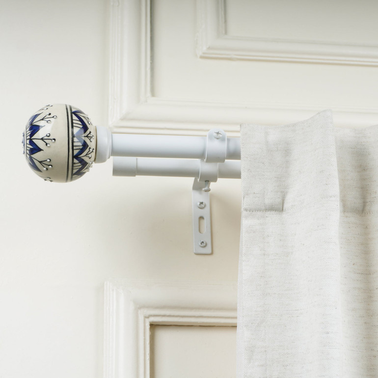 Adjustable Double Curtain Rod (28-144") - White, Floral Ceramic Ball Finials - Heavy Duty, Easy Install