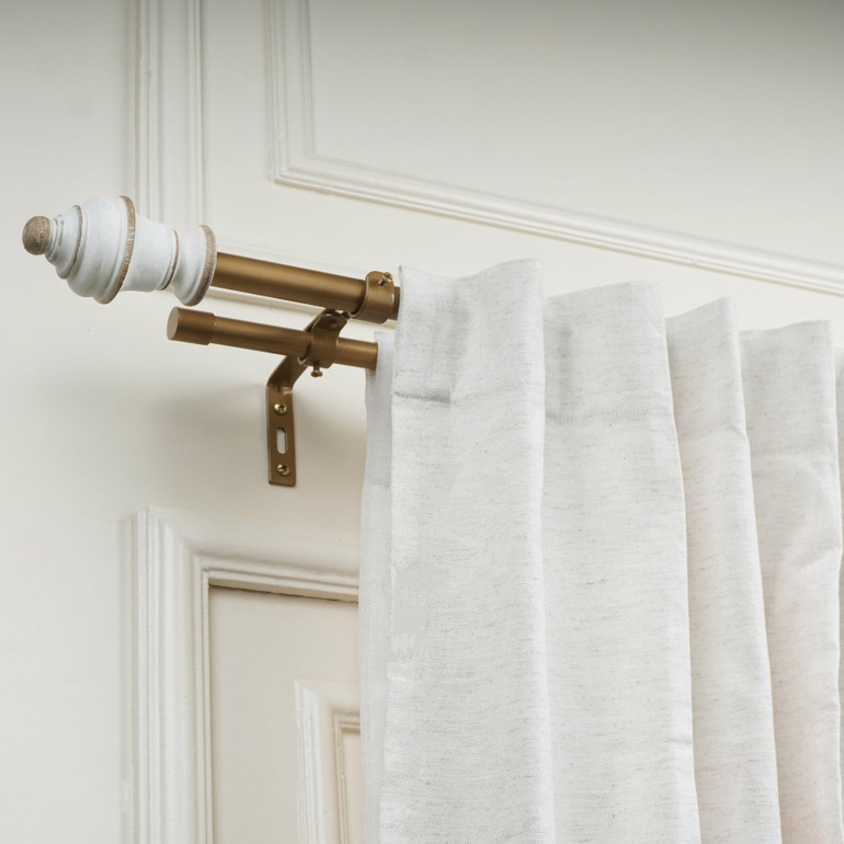 Adjustable Double Curtain Rod (28-144") - Brass, White & Gold Turned Finials - Heavy Duty, Easy Install