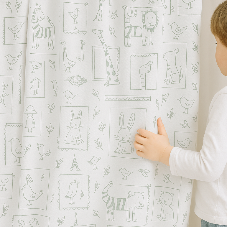 Linen Animal Embroidered Curtains – Nursery Blackout or Cotton Lined