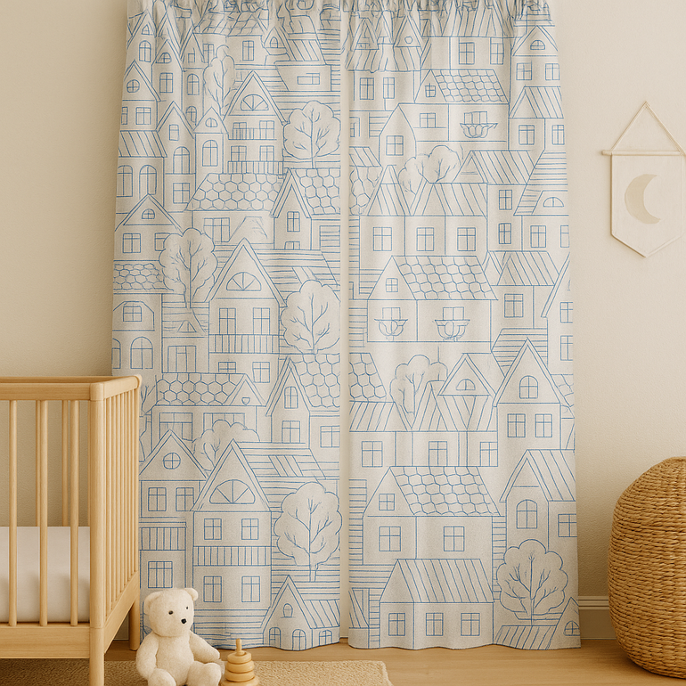 Embroidered Linen Curtains for Kids – Village House Design – 5 Colors – Blackout or Cotton Lined – Custom Sizes – Rod or Track Compatible