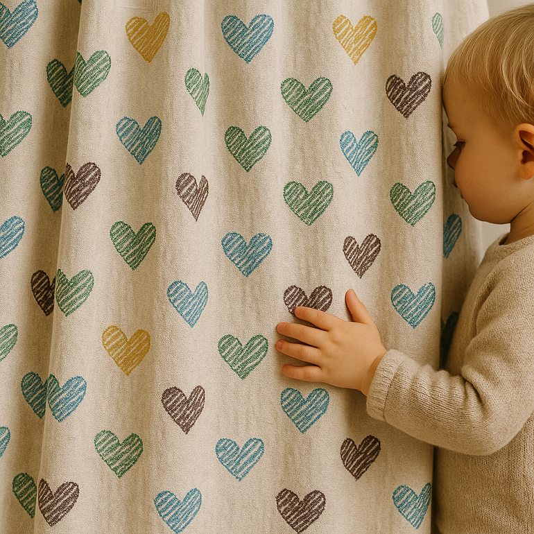 Heart Pattern Linen Nursery Curtains – Custom Sizes – Blackout or Cotton Lining – Rod or Track Hanging