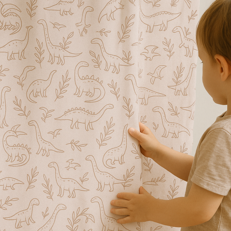 Dinosaur Print Linen Curtains for Nursery or Kids Room – Custom Sizes – Blackout or Light Filtering Liner