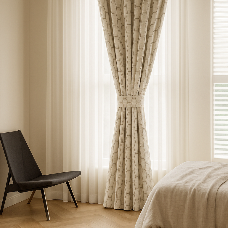 Custom HexaTrellis Geometric Embroidered GOTS Linen Drapes – Blackout & Light-Filtering