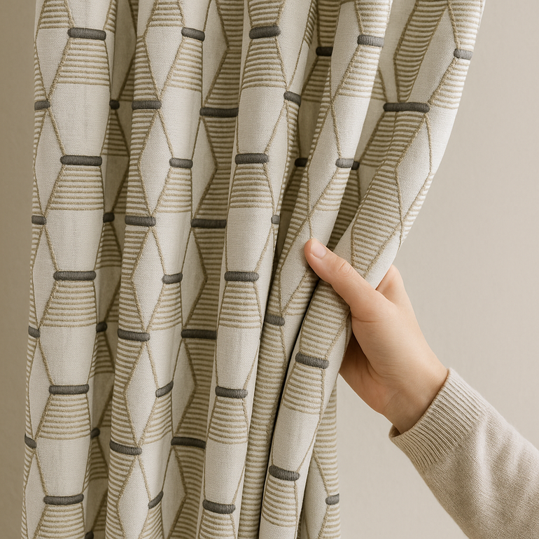 Custom HexaTrellis Geometric Embroidered GOTS Linen Drapes – Blackout & Light-Filtering