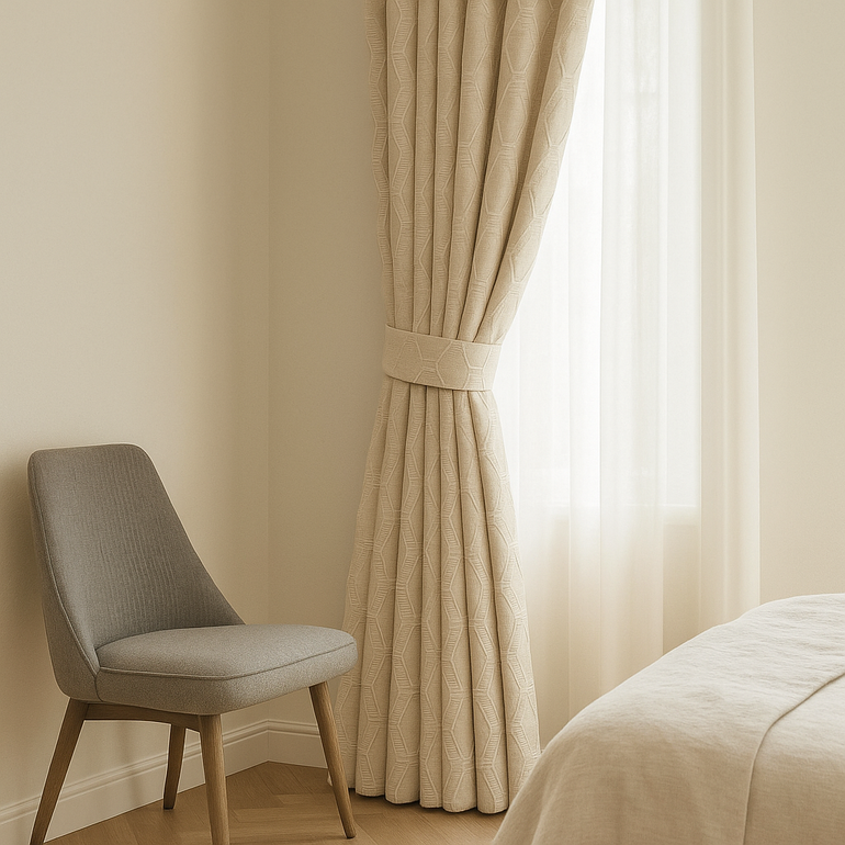 Custom HexaTrellis Geometric Embroidered GOTS Linen Drapes – Blackout & Light-Filtering