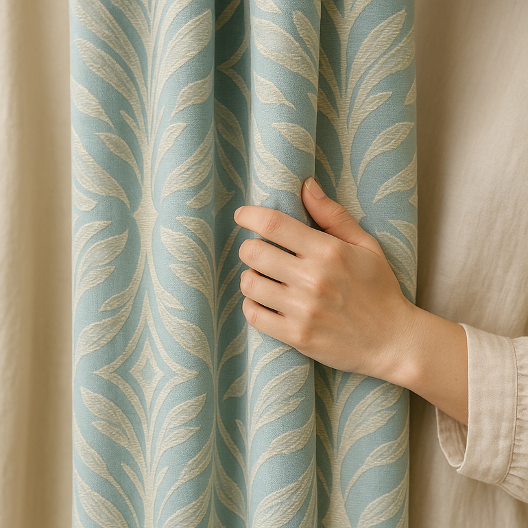 Luxury Leaf Jacquard Cotton-Linen Curtains & Drapes – Custom-Size Window Panels, Blackout or Light-Filtering