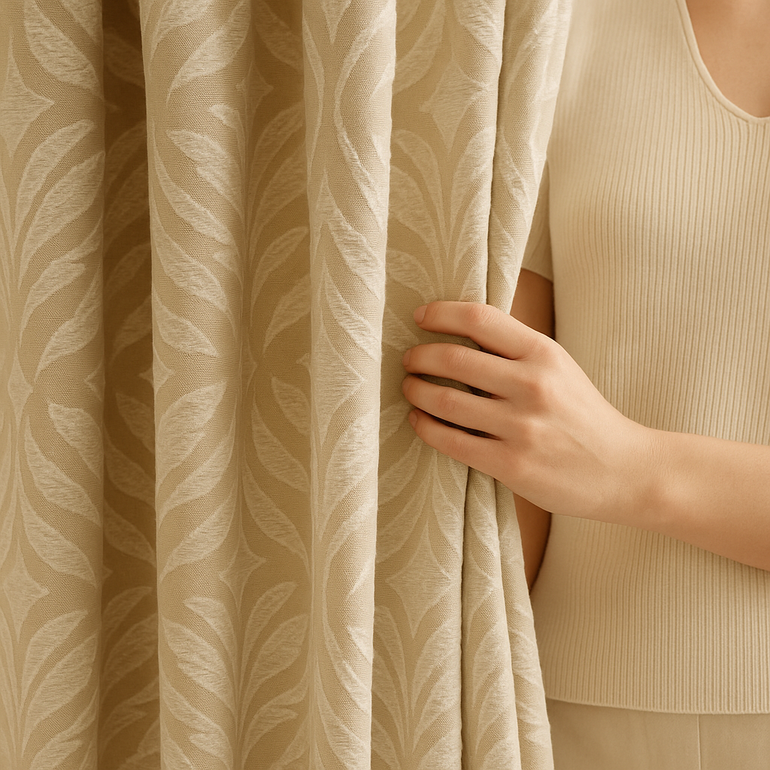 Luxury Leaf Jacquard Cotton-Linen Curtains & Drapes – Custom-Size Window Panels, Blackout or Light-Filtering