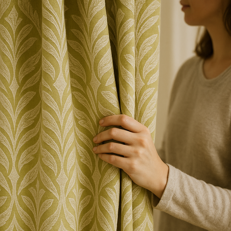Luxury Leaf Jacquard Cotton-Linen Curtains & Drapes – Custom-Size Window Panels, Blackout or Light-Filtering