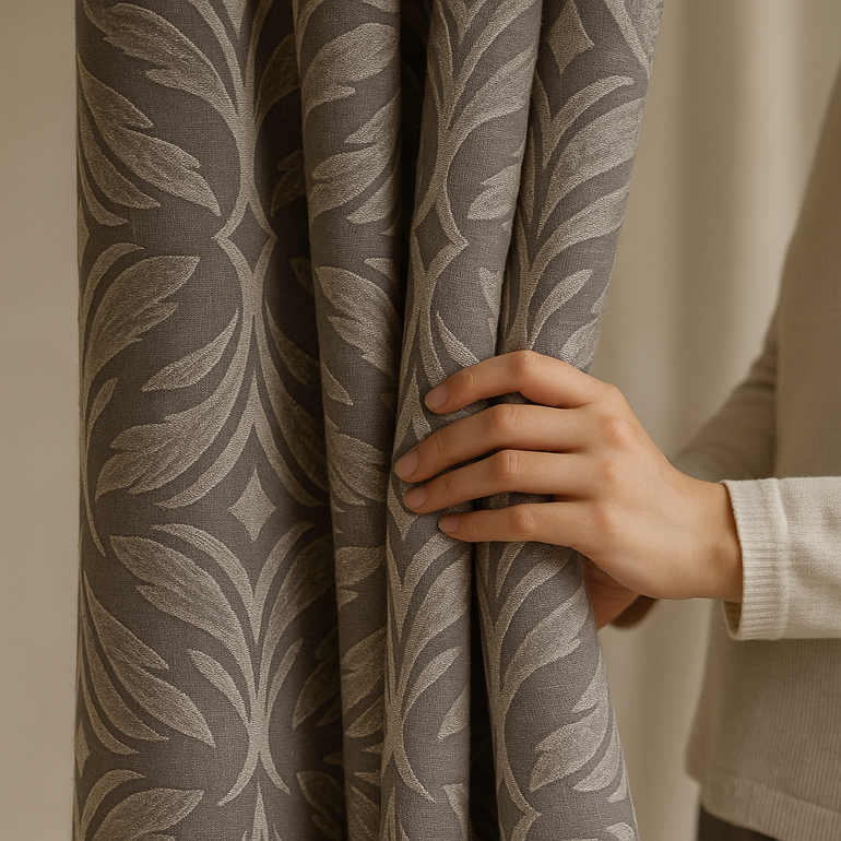 Luxury Leaf Jacquard Cotton-Linen Curtains & Drapes – Custom-Size Window Panels, Blackout or Light-Filtering
