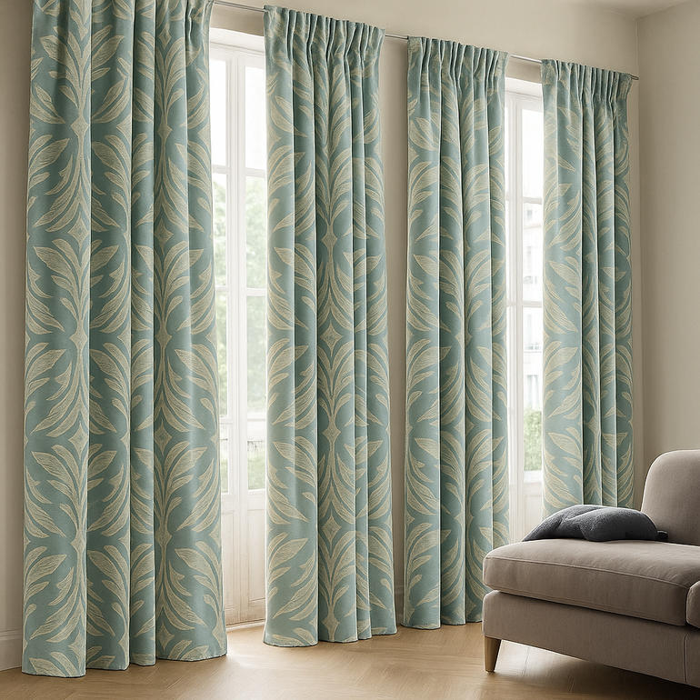 Luxury Leaf Jacquard Cotton-Linen Curtains & Drapes – Custom-Size Window Panels, Blackout or Light-Filtering
