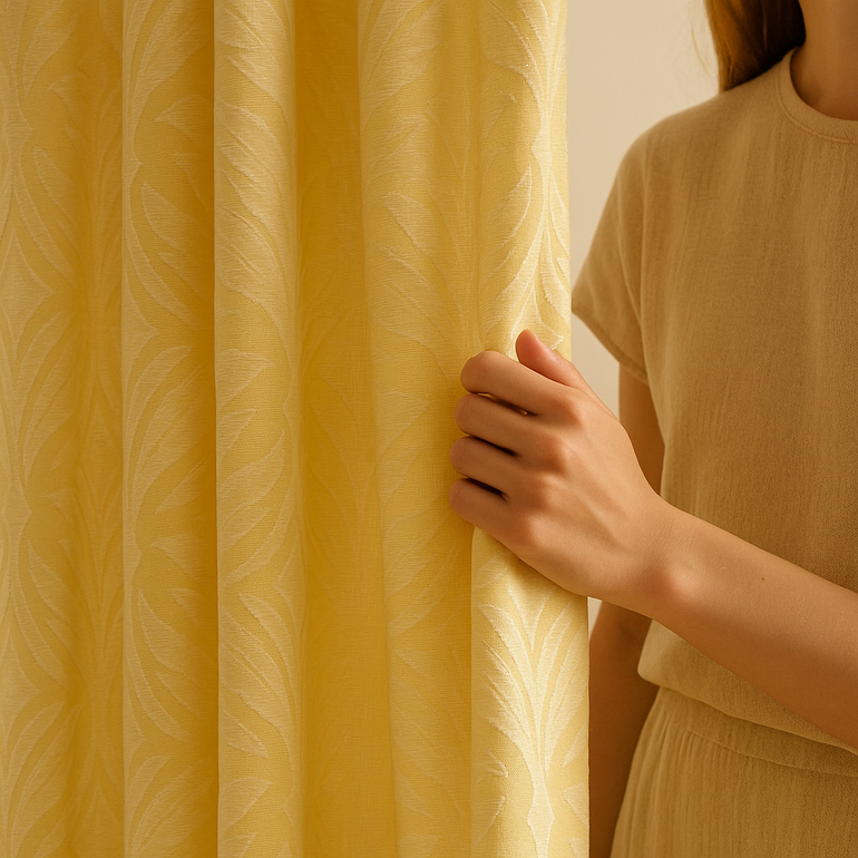 Luxury Leaf Jacquard Cotton-Linen Curtains & Drapes – Custom-Size Window Panels, Blackout or Light-Filtering