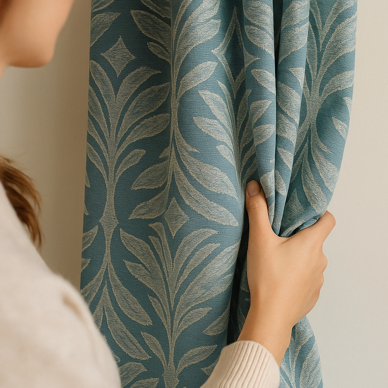 Luxury Leaf Jacquard Cotton-Linen Curtains & Drapes – Custom-Size Window Panels, Blackout or Light-Filtering