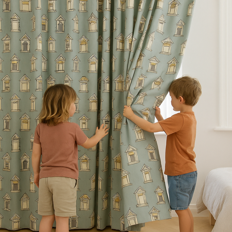 Kids Window-Print Cotton Curtains – Teal Architectural Drapes, Custom-Size Blackout or Light-Filtering