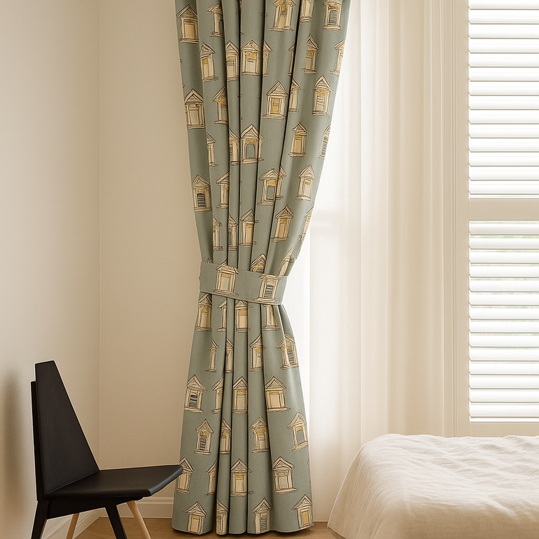 Kids Window-Print Cotton Curtains – Teal Architectural Drapes, Custom-Size Blackout or Light-Filtering