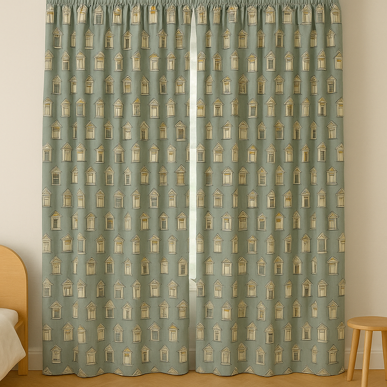 Kids Window-Print Cotton Curtains – Teal Architectural Drapes, Custom-Size Blackout or Light-Filtering