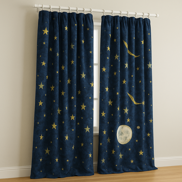 Celestial Stars & Moon Linen Kids Curtains — Custom Sizes, Light-Filtering or 100 % Blackout, Rod & Track Ready