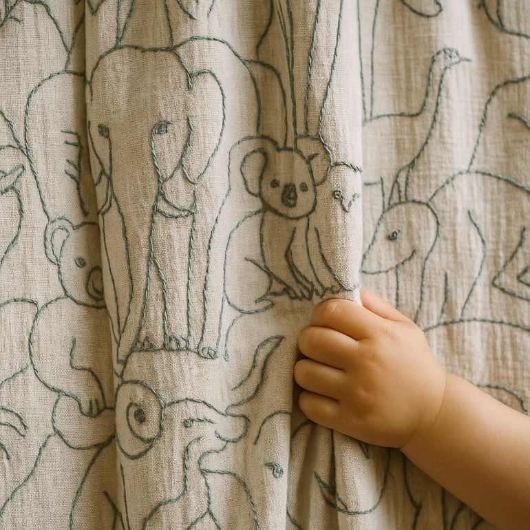 Forest animals embroidered pure organic linen curtains for kids room and nursery