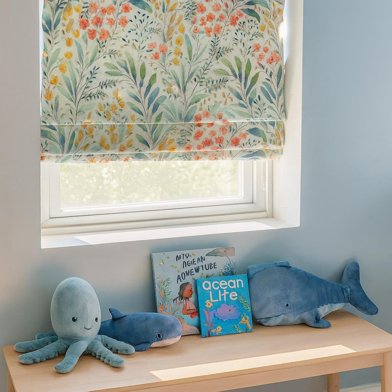 Watercolor Wildflower Linen Roman Shade – Custom Corded Kids & Nursery Blind, Coral + Teal Botanical Print, OEKO-TEX Linen, Blackout / Light-Filtering